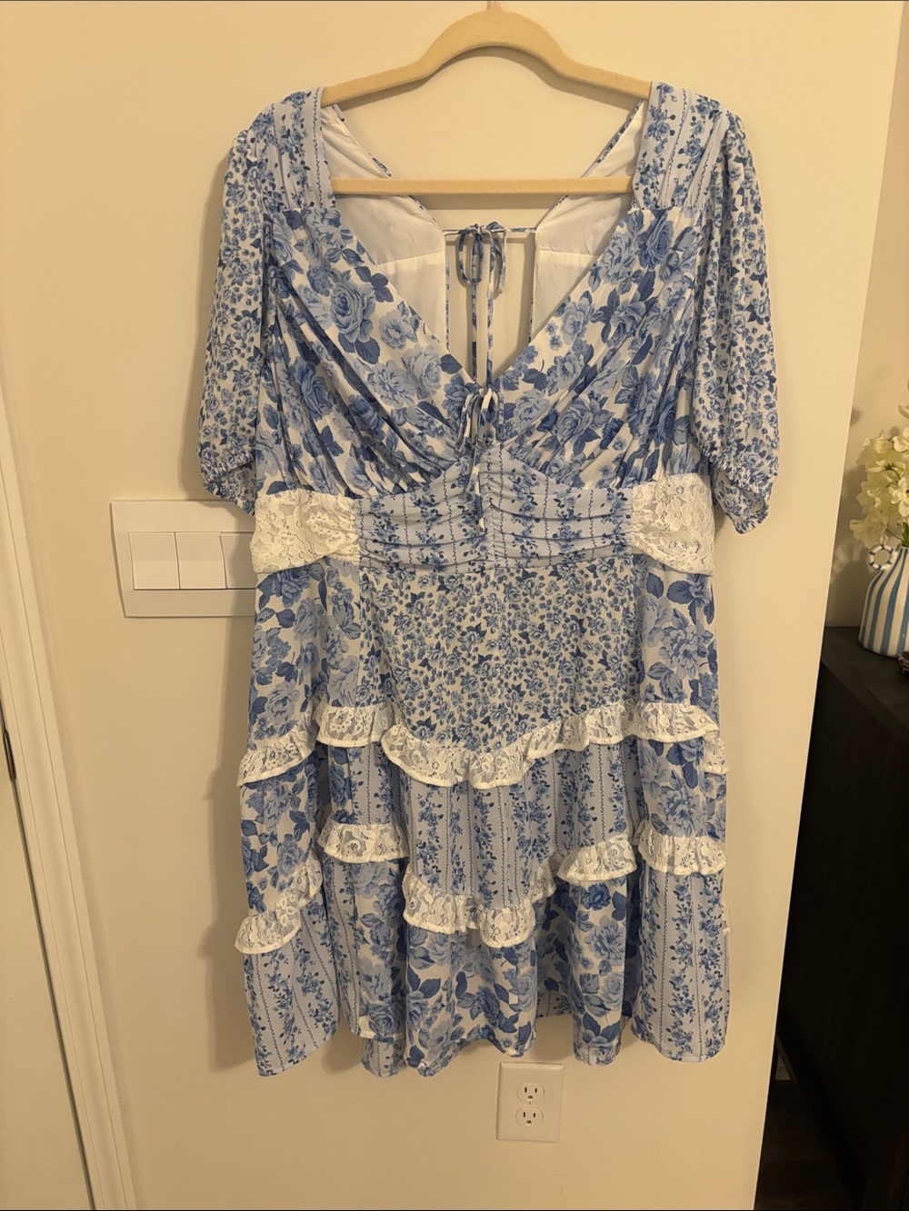ARULA Blue and White Floral Tiered Dress